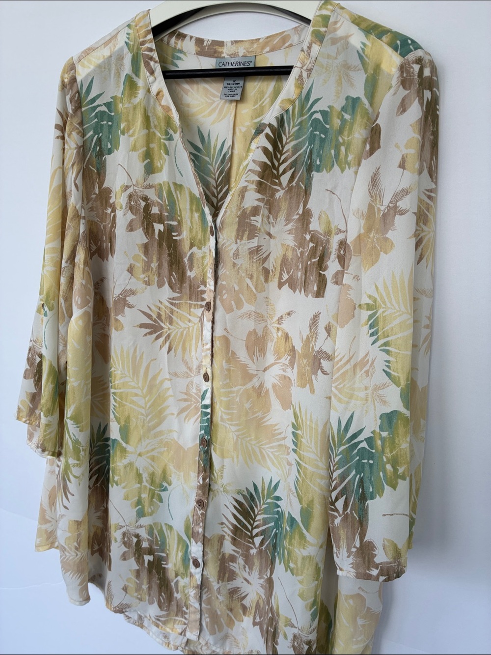 Catherines Cream Button-Front Tunic with Green and Brown Leaf Print 1X - Picture 9 of 15